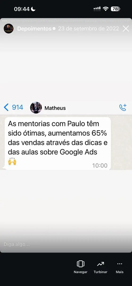 Print de mensagem do Matheus sobre as mentorias com Paulo