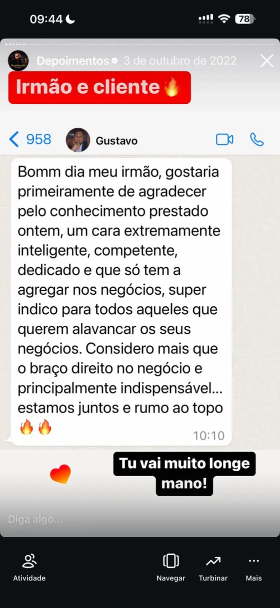 Print de mensagem do Gustavo agradecendo o conhecimento