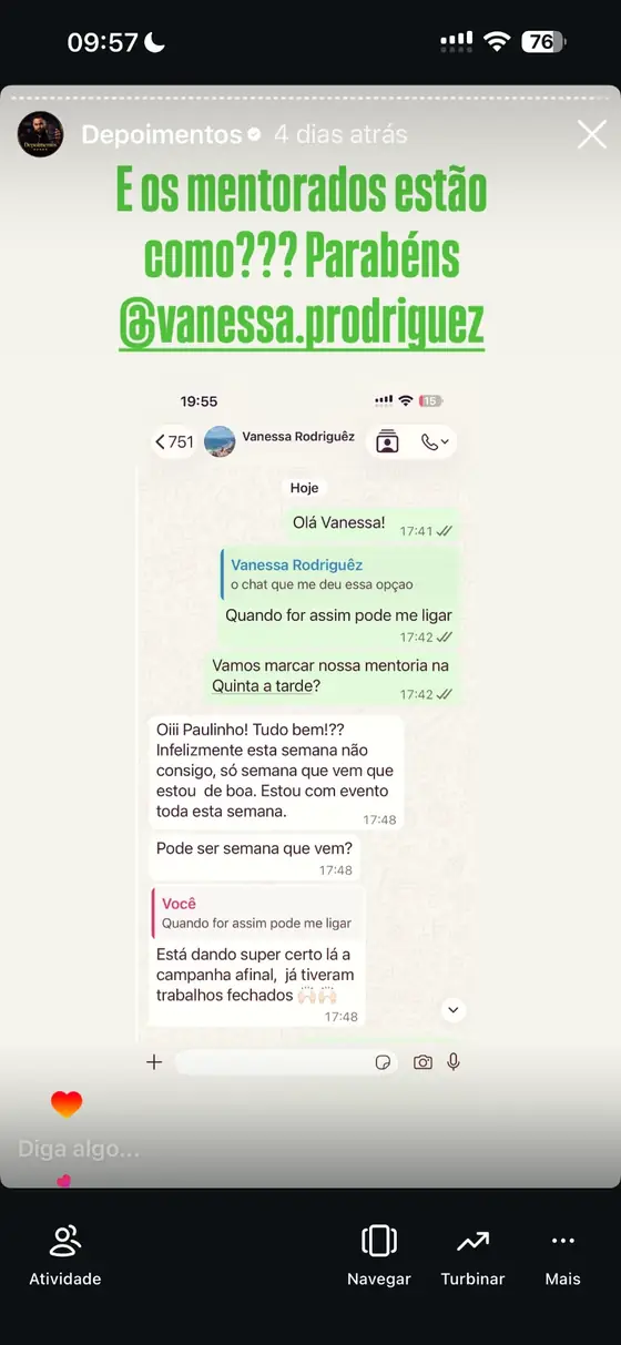Print de conversa com mentorada sobre campanha